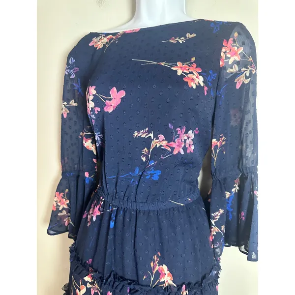 Eliza J Navy Floral Clip Dot Tiered Ruffle Fit &‎ Flare Dress Bell Sleeve Size 2 - Image 4