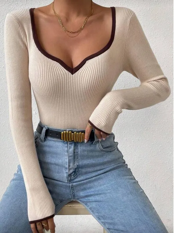 SheIn Contrast Binding Sweetheart Neck Ribbed Knit Long Sleeve Top - Image 2
