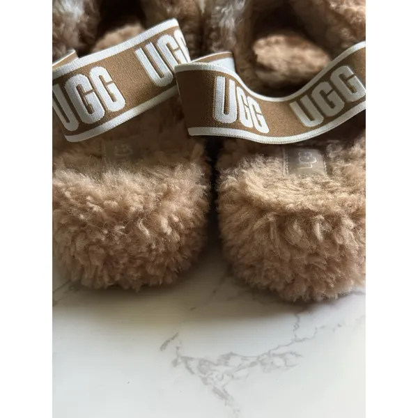 UGG Fluff Yeah Cow Print Shearling Slide Slippers Women's US 8 EU 39 Beige Tan - Image 9