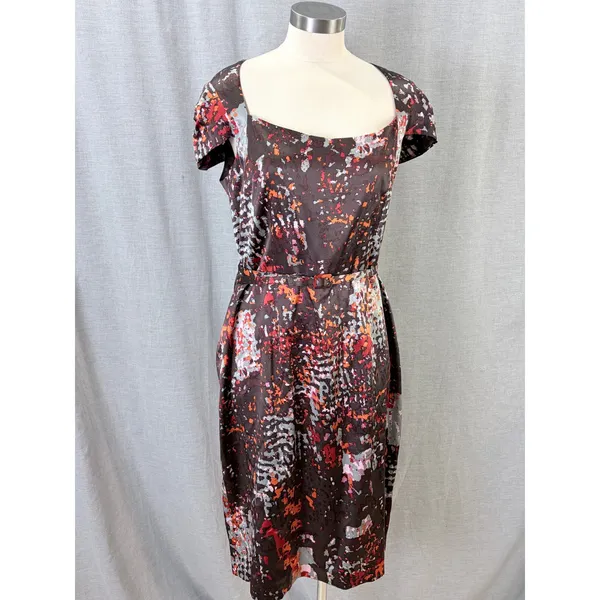 David Meister‎ Brown Abstract Print Silk Blend Belted Sheath Dress 12 - Image 8
