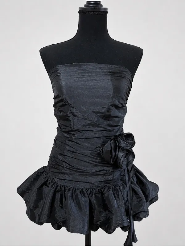 Zemeta Black Rose Strapless Ruched Rosette Bubble Mini Dress XS 3D - Image 5