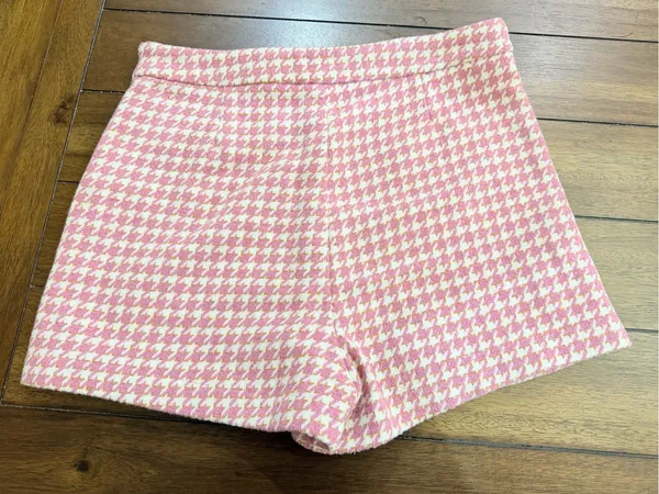 TCEC Pink Tweed Houndstooth Blazer Jacket & Skort Shorts Set Metallic Gold M - Image 6