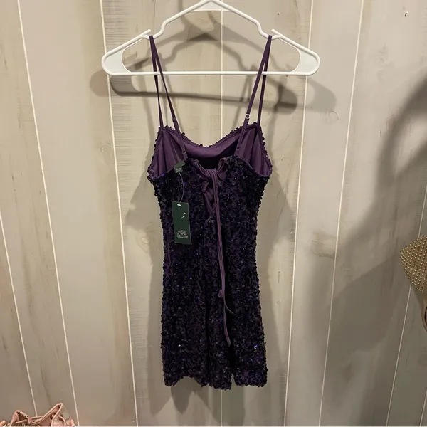 Cute NWT purple sequin stretchy corset back mini dress sexy club prom coquette - Image 11