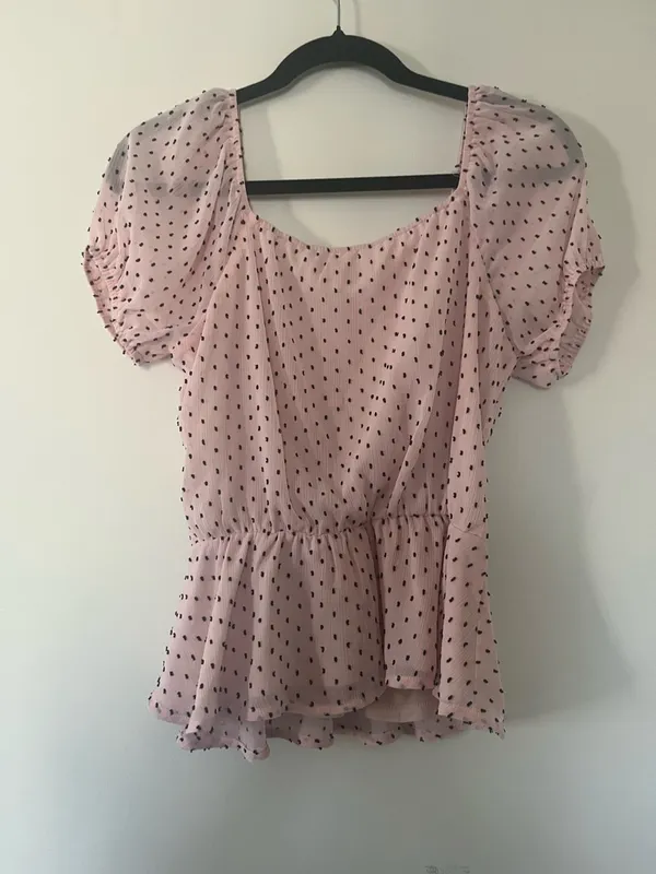 Pink Black Polka Dot Coquette Blouse Small Puff Sleeve Peplum Top Romantic - Image 7