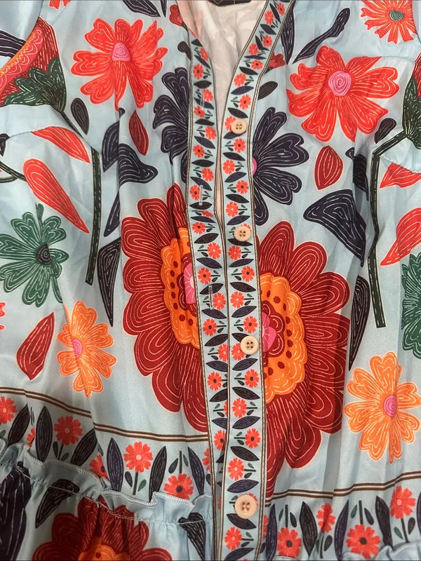 Embroidered Floral Tunic Dress - Blue with Red & Orange Blooms button up - Image 3