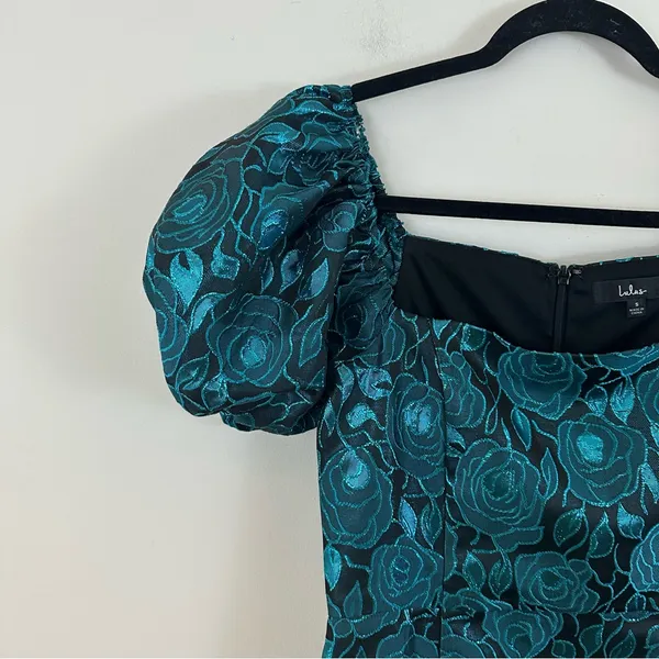 Lulu's Beyond Amazing Dark Teal Blue Floral Jacquard Puff Sleeve Dress Small - Image 3