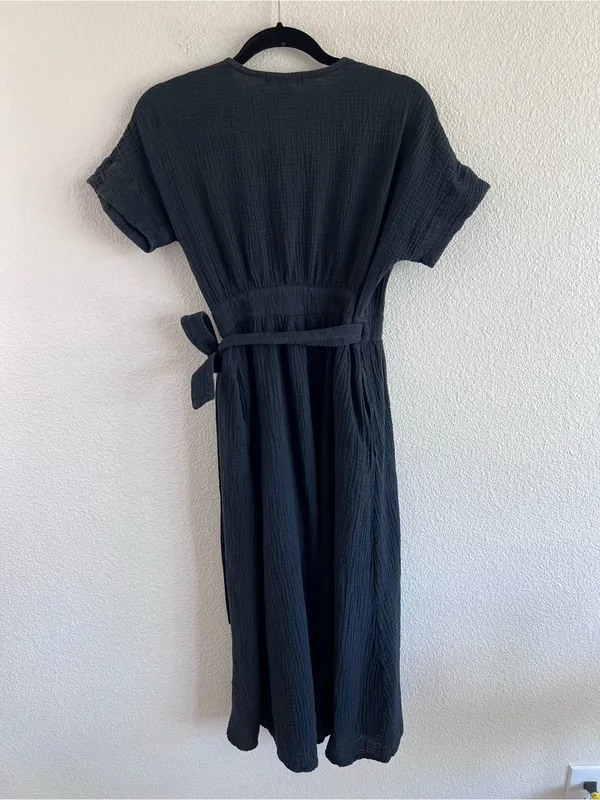 Marine Layer Women's Valencia Wrap Dress Black Midi Cotton Gauze - Image 5