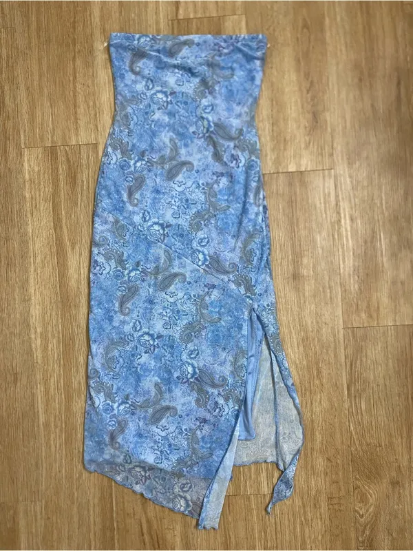 See You Monday Blue Paisley Strapless Maxi Dress with Thigh Slit - Image 2