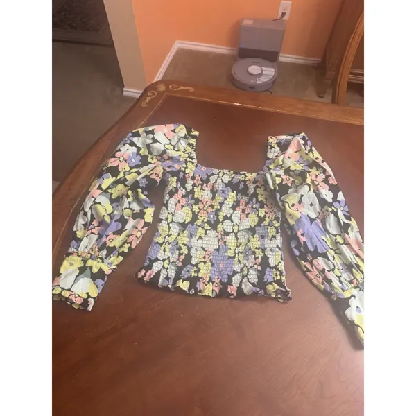Free People Ariana Blouse Women's Multicolor Floral Smocked Balloon Sleeve Sz XS - Image 3