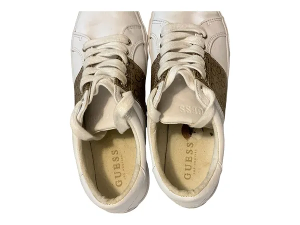 GUESS Los Angeles Women’s White Low-Top Laced Sneakers with Brown Monogram Stripe Panel - Image 4