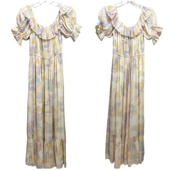 Ba&sh Noma Printed Maxi Dress Off Shoulder Ruffle Pastel Floral Size S - Image 4