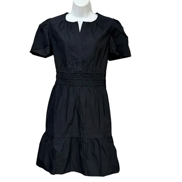 Quince Organic Cotton Poplin Tiered Mini Dress Black Short Sleeve‎ Smocked M - Image 3