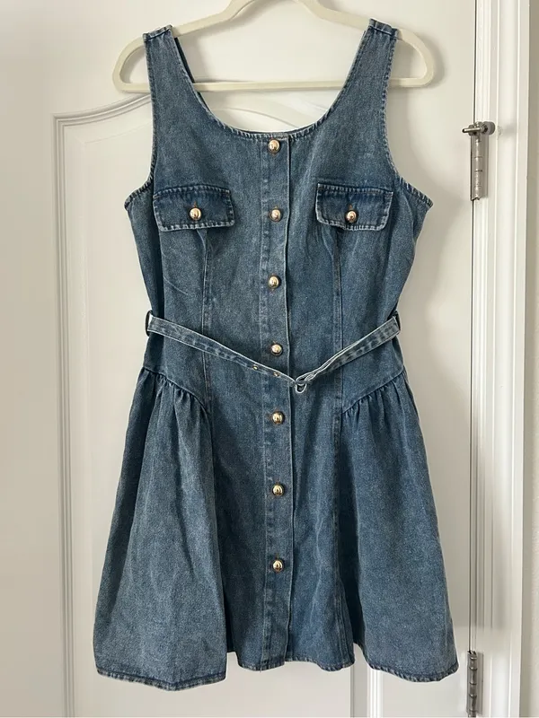 Vici Jamali Belted Denim Sleeveless Button Down Mini Dress Medium Wash - Image 2
