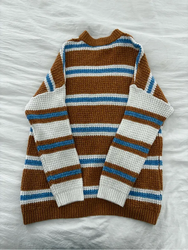 American Eagle Outfitters Brown, White & Blue Striped Waffle Crewneck Sweater - Image 4
