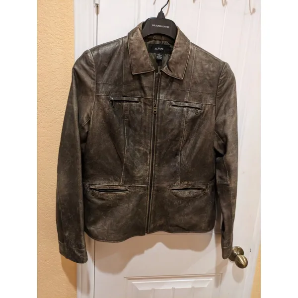 Alfani Leather “Distressed” Bronze Jacket Biker Moto Size L Zippers Fla… - Image 3