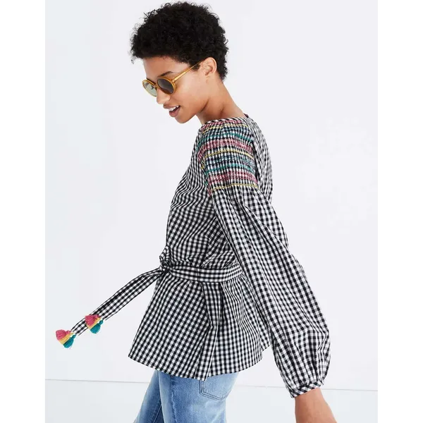 Madewell Boho Black‎ and White Checkered Top with Tie Waist L - Image 3