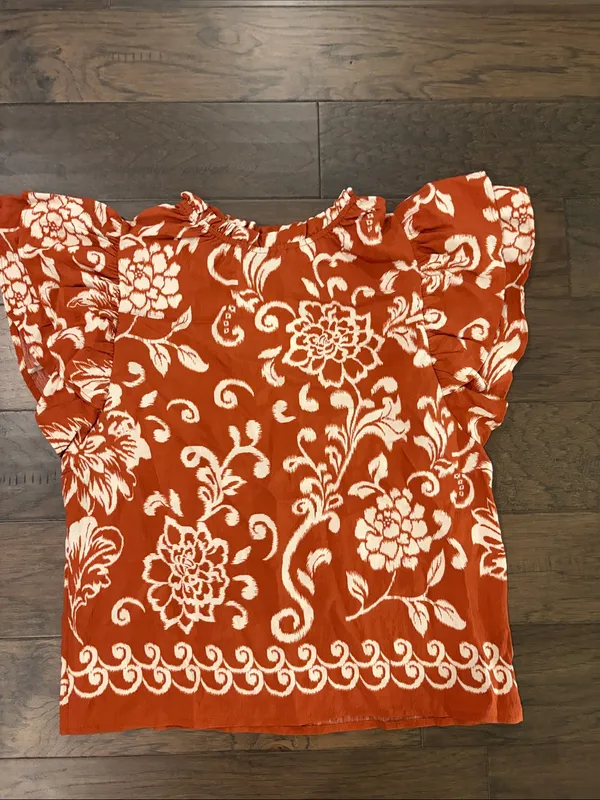 New With Tags Avara Teracotta and Cream Printed Flutter Sleeve Top Sz S - Image 3