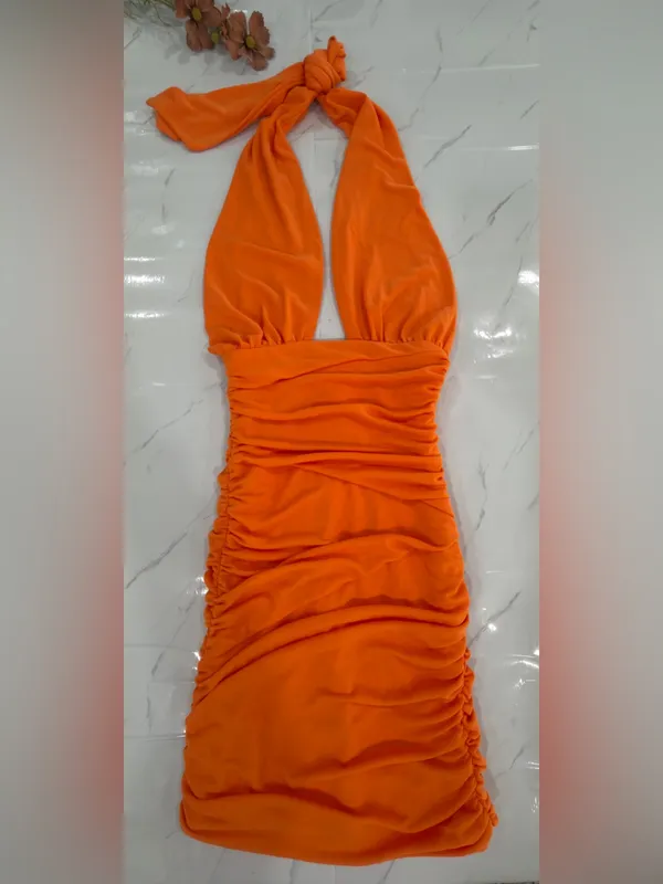 Zara Bright Orange Backless Halter Ruched Mini Dress - Image 5