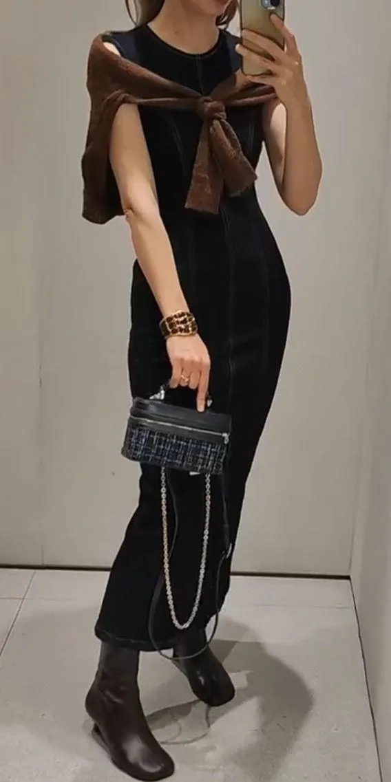 Zara Dark Blue Denim Z1975 Jean Midi Maxi Sleeveless Trendy Dress - Image 6