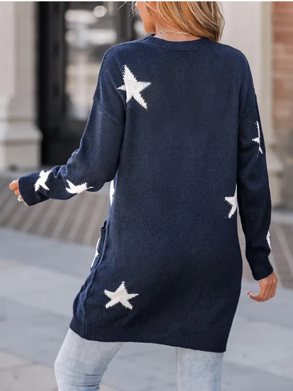 Cupshe Navy Blue Star Print Long Button Down Cardigan Sweater Size XS - Image 2