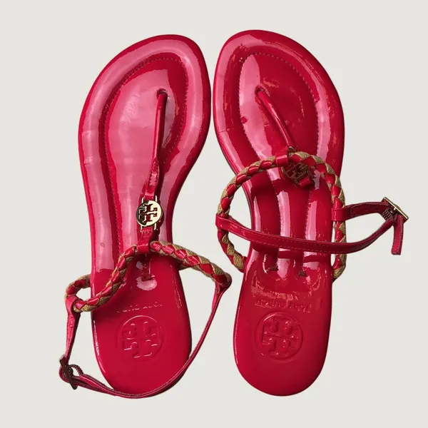 Tory Burch Miller Braided Pink Patent Leather Thong Ankle Strap Sandals 6M - Image 5