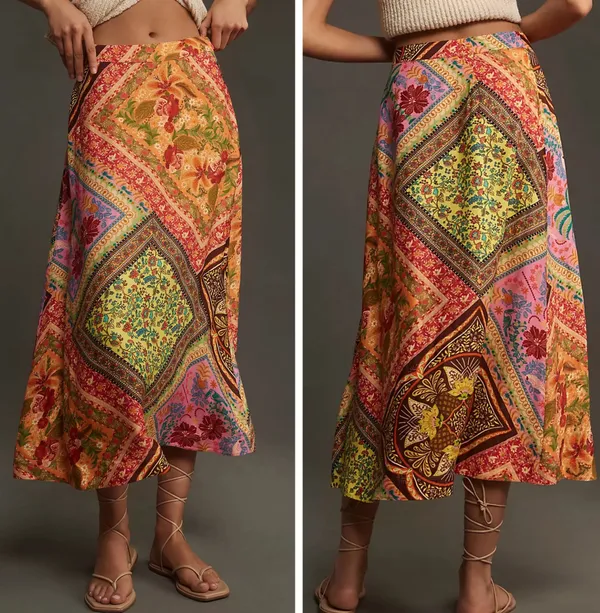 Farm Rio Mixed Scarves Satin Slip Midi Skirt, Size XS - Image 2