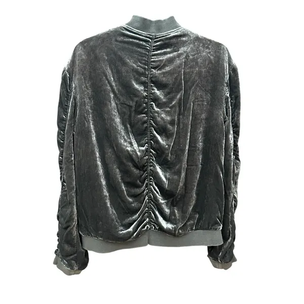 Free People Ruched Bomber Jacket Small Gray Plush Velvet Draped Zip‎ #L6-6 - Image 8