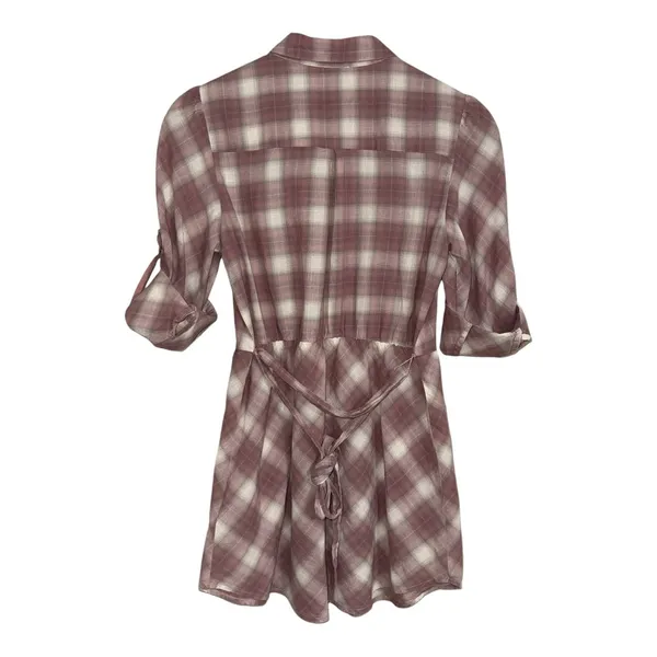 Anthropologie Odille Mauve Plaid Ruffle Button Down Tunic Roll Tab Sleeve Size 6 - Image 4