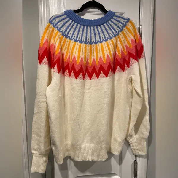 NWT French Connection Colorful Cream Fair Isle Knit Sweater Crew Neck Size XL - Image 8