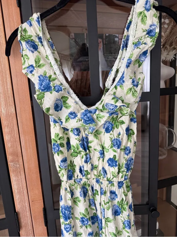 ASOS Design floral maxi dress ditsy eyelet broidery trim tiered ruffle open back - Image 6