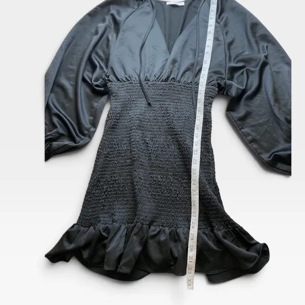 Karlie Black Satin Smocked V-Neck Mini Dress Lantern Sleeve Ruffle Hem - Image 7