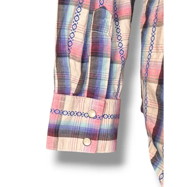 Vintage Y2K Wrangler Western Pearl Snap Pink Plaid Shirt Boho‎ Cowgirl Rustic - Image 6