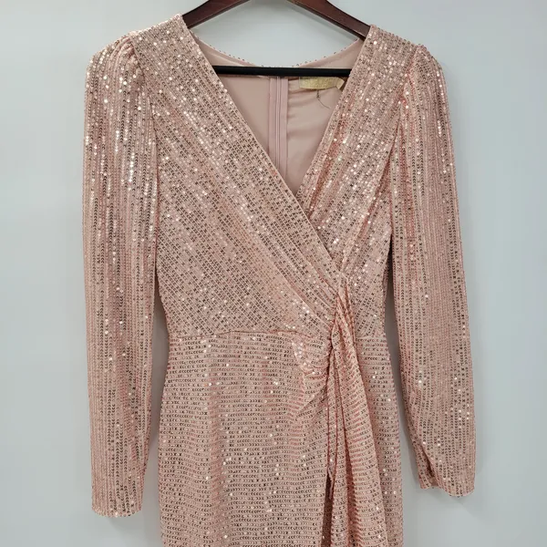 Sublime Sequined Gown S Pink Faux Wrap Long Puff Sleeve Tigh Slit Party Wedding - Image 10