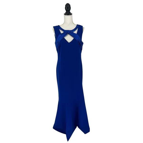 Theia Sleeveless Crepe Gown with Satin Crisscross in‎ Blue - Image 2