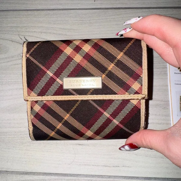 Burberry Blue Label tri-fold wallet in a burgundy‎ and tan plaid pattern - Image 2
