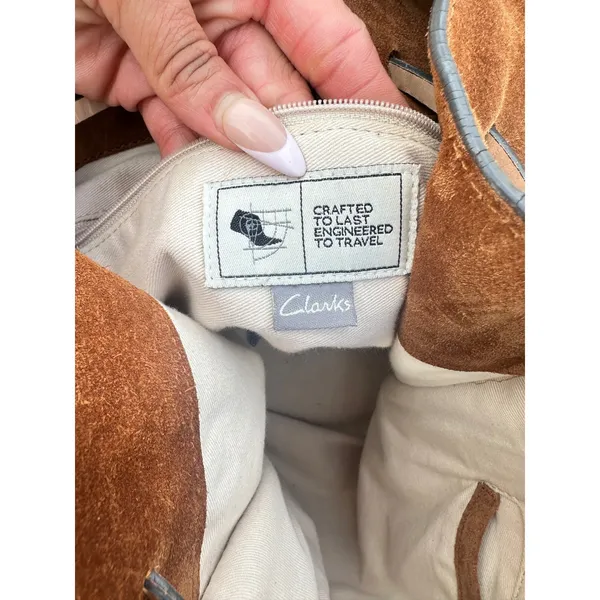 Clarks Brown Suede Leather Bucket Bag Drawstring Hobo Tote Tan Handle - Image 3