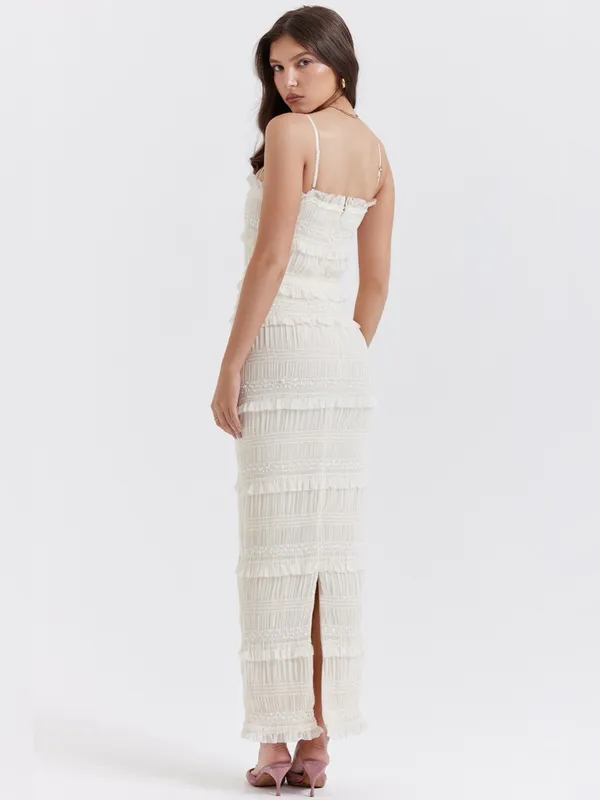 House of CB Solana Ivory Sequin Pleat Maxi Dress S - Image 8