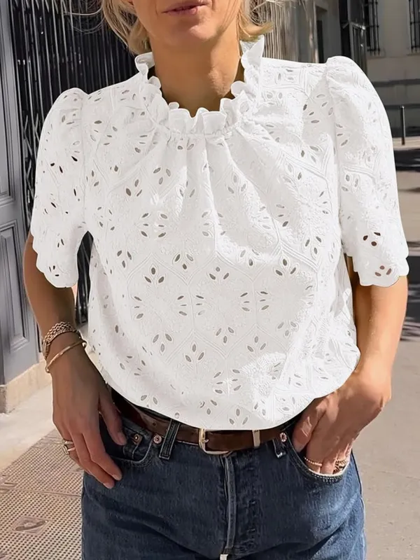 PrettyGarden Womens Small White Eyelet Embroidered Puff Sleeve Ruffle Top - Image 2
