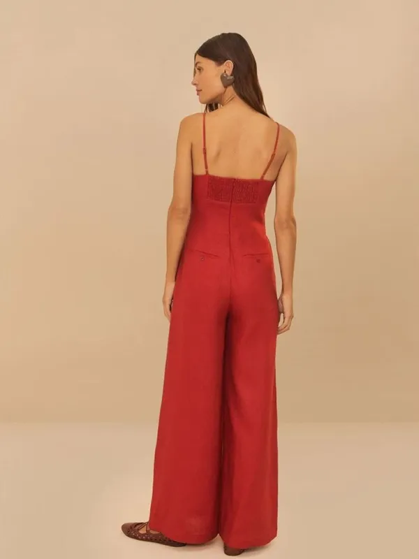 NWT Farm Rio Red 3D Petals Bodice Euroflax Premium Linen Jumpsuit Sz M Wide-Leg - Image 3
