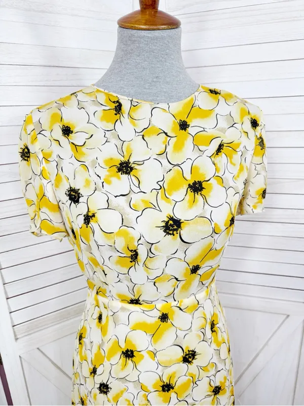 Hugo Buscati Floral Silk‎ Dress Yellow Size 6 Fit Flare Retro Twee Summer - Image 5