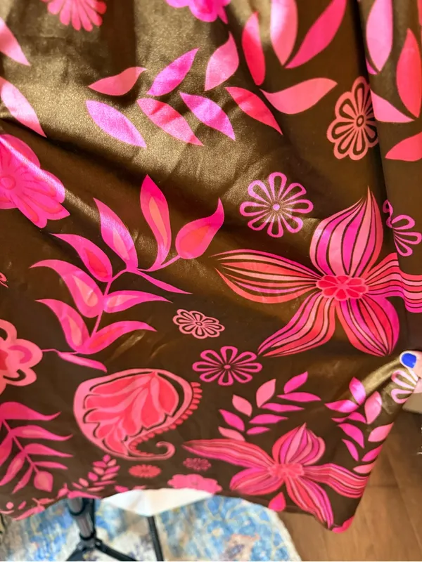 Vintage Y2K Women’s Satin Pink & Brown Floral Halter Dress w/ Beading McBling - Image 7