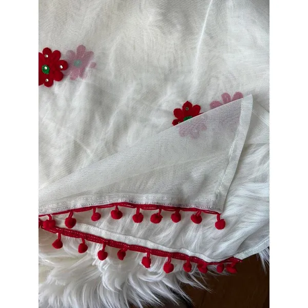 Delicate Floral Embroidered Shawl with Pom-Pom Trim - Image 2