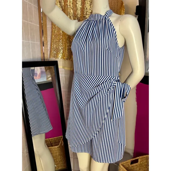 Blue and White Striped Halter Wrap Mini Dress Side Tie High Neck Nautical Summer - Image 8