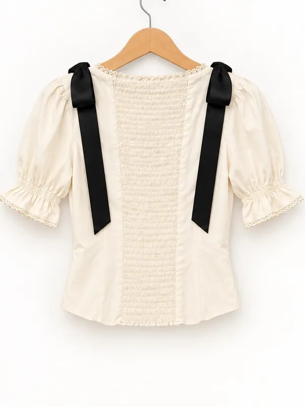 Reformation Inara Top Cream Gossamer Puff Sleeve Black Ribbon Bow Top Size 0 - Image 5