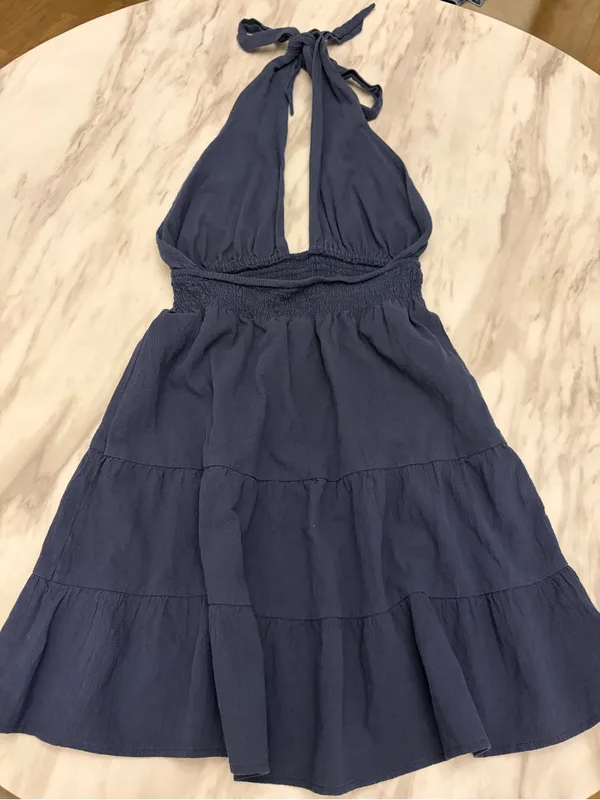 Navy Blue Halter Mini Dress Tiered Smocked Keyhole Backless - Image 2
