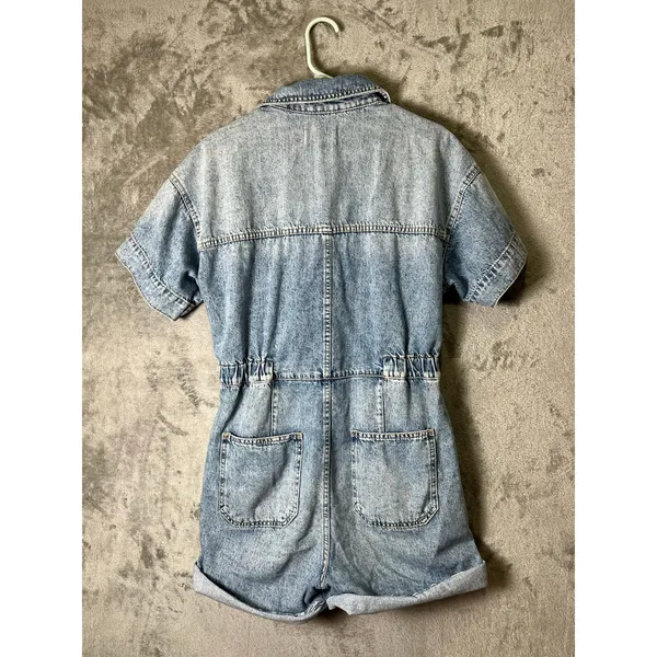 Free People Marci Denim Cuffed‎ Romper Blue Button Front Utility Shortalls Small - Image 3