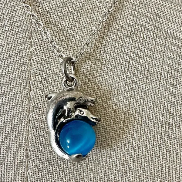 Vintage Dolphin Pendant Necklace with Blue Glass Orb - Image 4