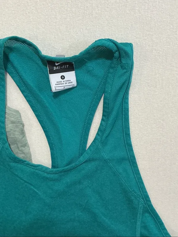Nike and Gap Teal Racerback Tank Top with Heathered Sage Crop Layer - Image 2