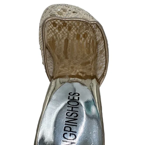 Gold Mesh Slides w/Round Toe Silver & Gold‎ Sequins Open Circle 1.5” Heels - Image 4