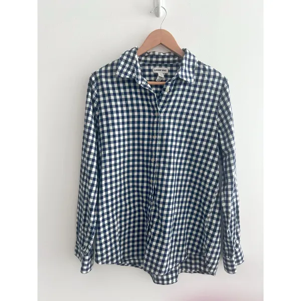Lands’ End top size Medium blue white gingham checkered flannel - Image 3